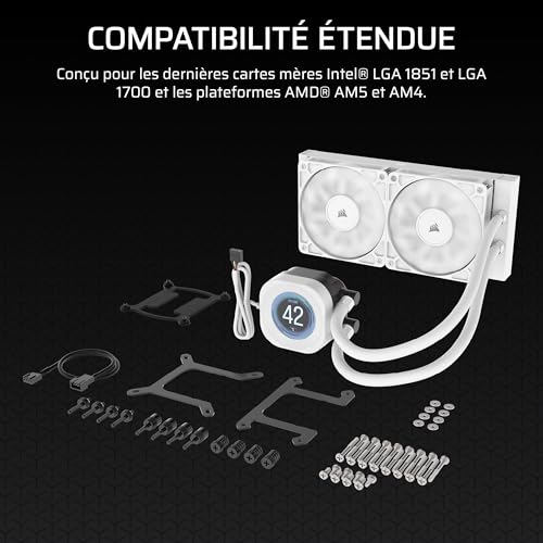 CORSAIR NAUTILUS 240 RS LCD Watercooling pour CPU - Ecran LCD IPS 5.3cm - Radiateur 240mm, Intel LGA 1851/1700, AMD AM5/AM4, Connexions série simples, Inclus 2x RS120 Ventilateurs - Blanc