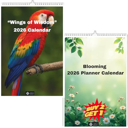 Image of 2026 Wall Calendar | Pack of 2 Calendars | Size - 12x17 Inch with Motivational Quotes,Holidays Mentioned | 220 GSM Thick Paper | Wiro Bind | Notes, Scheduling and Planning For Home Office School Hanging (Bird and Floral Calendar)