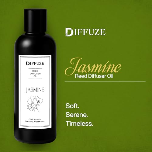 Image of DIFFUZE Jasmine Essential Oil Reed Diffuser Refill with 10 Fibre Reed Sticks | Floral Aroma Oil & Fragrance Oil | Diffuser Oil for Home Fragrance | Essential Oil Diffuser for Home
