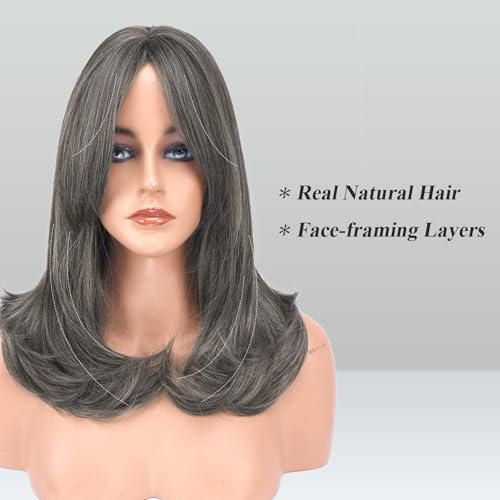 Image of FESHFEN Wigs with Bangs for Women, Synthetic Natural Looking Long Layered Straight Hair Wig for Women Daily Party Costume, 18 inch Steel Grey
