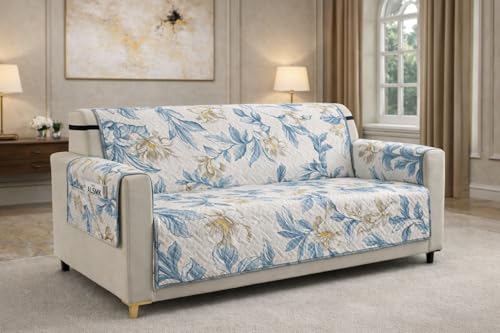 Image of Printed Quilted Sofa Mat for 5 Seater (3+1+1) - Floral Design Slipcover with Armrest, Pockets on Both Sides, Fully Covered Sofa Protector - Blue