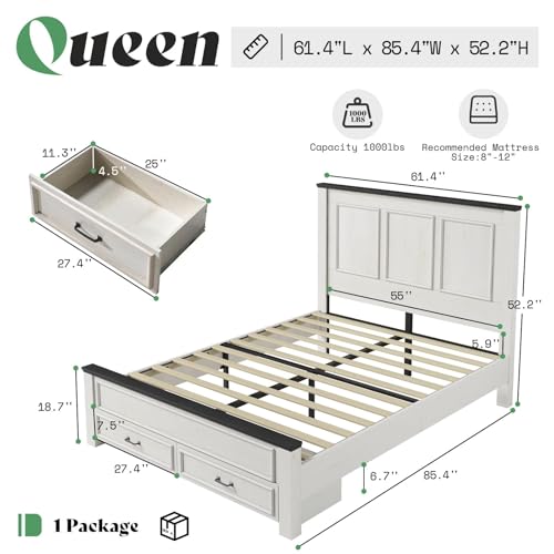 Image of AMERLIFE Queen Size Farmhouse Bed Frame with 52.2 inch Tall Panel Headboard & Footboard, Storage Bed Frame with Spacious Drawers, No Box Spring Needed, Platform Bed Frame for Bedroom, White