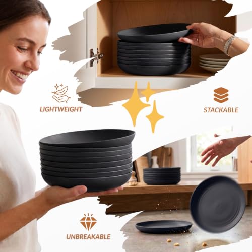 Image of Homienly Wheat Straw Plates Unbreakable Deep Dessert Plates Set of 8 Plastic Plates Reusable Microwave Safe Plate for Kitchen Camping Party Dishwasher Safe Stackable Appetizer Plates (8in, Black)