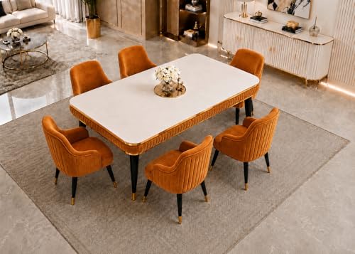 Image of WOODEN SPACE 6-Seater Wooden Dining Table Set | Nano Composite Marble Top | Solid Wood Base | Modern Dining Room Furniture with 6 Chairs (Mustard Modern Zyro)
