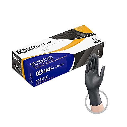 Safe Health Gants jetables en Nitrile Taille L Noir, Boîte de 100, Sans poudre Sans latex, EN 374 de cuisine jetables,Tatouage, Aliments, Salon, Réparation automobile Bricolage, 3,5 Mil