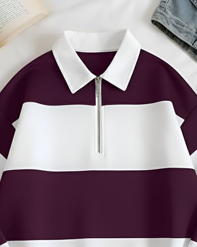 Image of Stylish Half Zip T-Shirt for Mens, Texture Striped Casual T-Shirt for Men, Formal Collared Neck Full Sleeves Tshirt for Boys