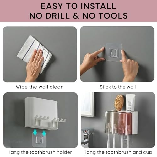 Image of Solitude Wall Mounted Tooth Brush Holder for Bathroom with 2 Mouthwash Cups | Bathroom Toothbrush Organizer | Multi-Compartment, Dustproof & BPA-Free Brush Holder for Bathroom Storage