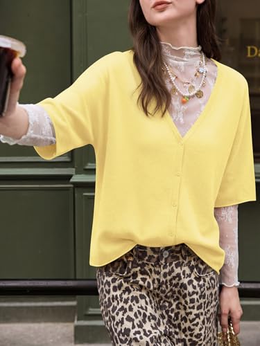 Image of Saodimallsu Womens V Neck Half Sleeve Cardigan Sweaters Summer Knit Tops | Oversized Fit, Button Down, Batwing Sleeve, Soft Lightweight Knitted Fabric, Trendy Casual Style, Summer Fall Outfits