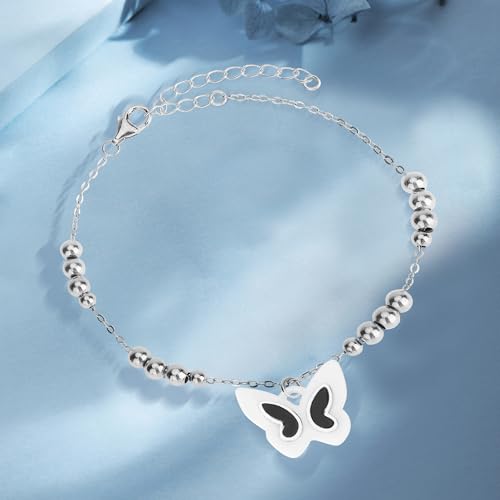 Image of 925 Sterling Silver Butterfly Bracelet, Black shell and White Ceramic Charm, Suitable for Mother's Day and Valentine's Day gifts