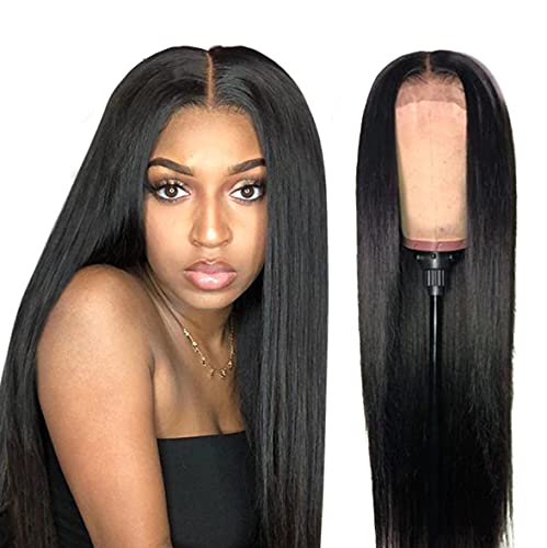 Straight Human Hair Wig 13x4 Brazilian Pre Plucked Natural Hair Line 180% Density Natural Color Hair and Transparent Lace Front with Knots with Baby Hair for Women (24 inch)