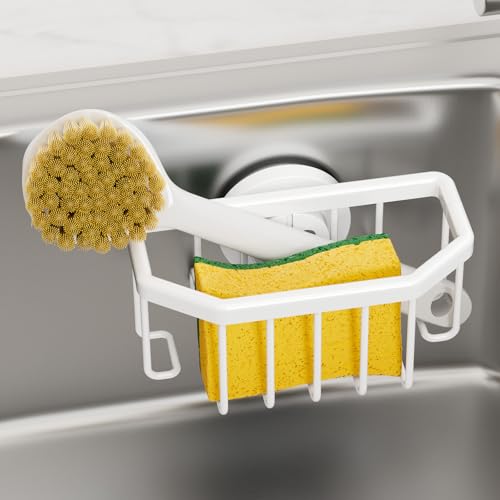 Image of TAILI White Sponge Holder for Kitchen Sink with Strong Suction Cup | Dish Sponge Caddy Inside Sink Removable, Rustproof Aluminum for Sponges, Brushes, Stoppers and Scrapers