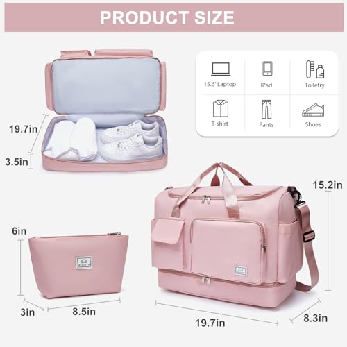 Image of Large Travel Duffle Bag, Carry On Weekender Bag with Shoe Compartment, Gym Tote Overnight Bags for Women for Travel, A10#Pink, 11x19.6x8.2 inches, Weekender Bag&toiletry Bag