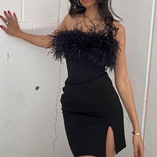 Soliloquy Women's Sexy Feather Party Coctail Dress Faux Fur Trim Elegant Spaghetti Strap Bodycon Mini Dress Evening Club Wear (E-Black Off Shoulder Tube Dress, Small) #TOP2