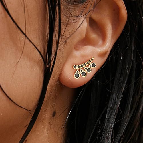FETTERO Stud Earrings for Women - 14K Gold Plated CZ Hypoallergenic Earrings Studs Dainty Black CZ Leaf Gold Earrings for Women Trendy Statement Jewelry