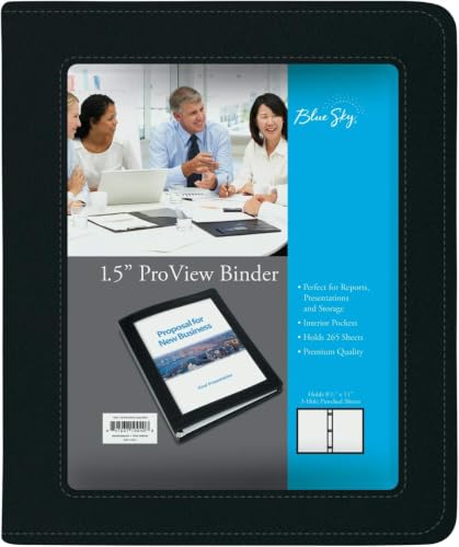Image of Blue Sky ProView Legacy Black 3 Ring Binder, Letter Size, 1.5 inch, Textured Faux Leather Cover, Built in Pockets, Holds 265 Sheets (10040) (Pack of 6)