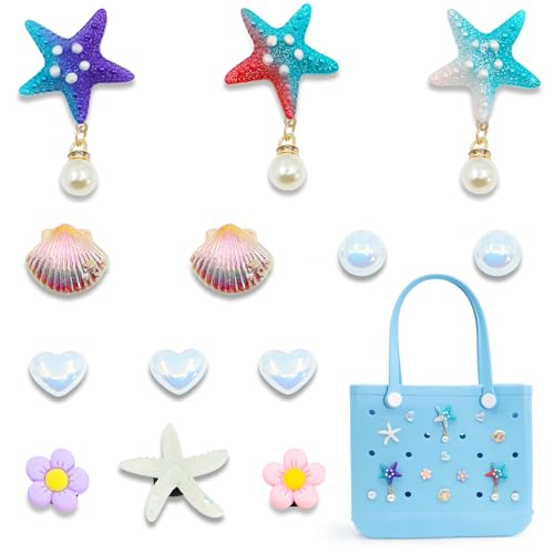 13 Pcs Charms for Bogg Bag, Starfish, Shells, Pearls and Flowers for Bogg Bag Accessories, Compatible with Women Rubber Beach Bag, Tote, Handbag Decoration