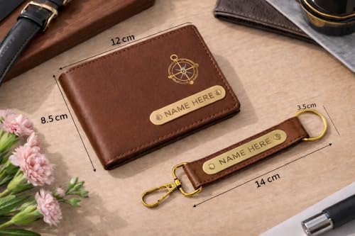 Image of Premium Customized Wallet & Keychain Combo for Men - Stylish Nexon Leather Gift Set with Personalized Name & Charm - Ideal Birthday, Anniversary & Festival Present (Brown)