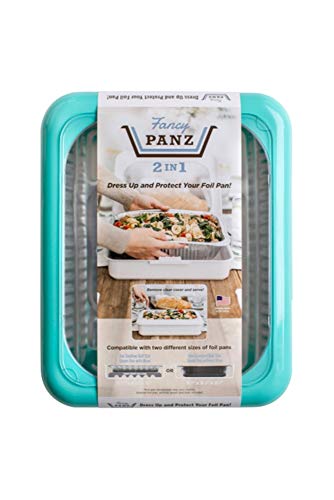 Fancy Panz 2-in-1 Dress Up & Protect Your Foil Pan, Made in USA, Fits 2 size of foil pans. Foil Pan & Serving Spoon Included. Hot or Cold Food. Stackable for easy travel. BPA free (Aqua)