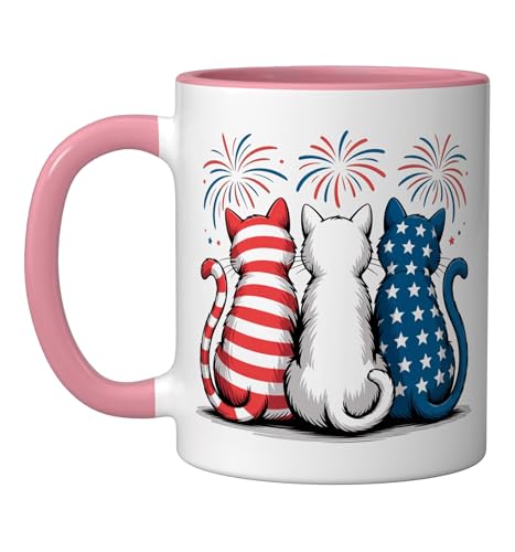 Cat American Flag Fireworks Patriotic USA 4th of July Ceramic Mug, Pink/White