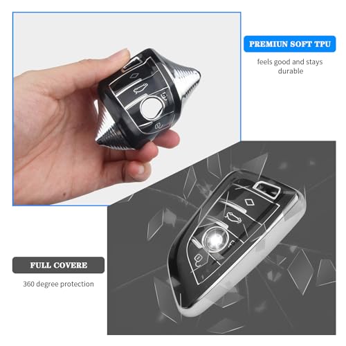Image of QBUC for BMW Key Fob Cover with Leather Keychain | for BMW 2 5 6 7 Series X1 X2 X3 X5 X6 X7 Premium Soft TPU Key Fob Holder (1-Black)