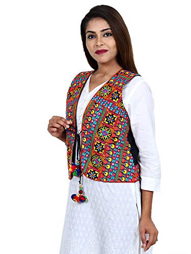 Image of Craft Trade Women's Cotton Embroidered Kutchi Jacket with Tassels Sleeveless Mirror Work
