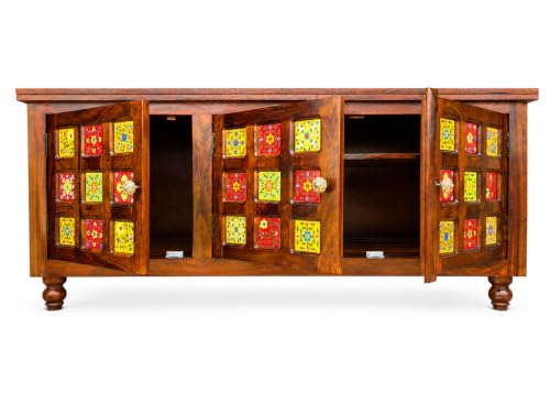 Image of Sheesham Wood TV Unit Cabinet with Handcrafted Ceramic Tile Doors | Natural Finish | 3 Door TV Console Entertainment Center | Storage Cabinet for Living Room (57 x 18 x 23 Inches)