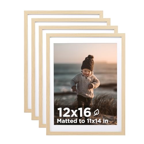 KINLINK 12x16 Picture Frame Set of 4, Wooden 16x12 Photo Frames with Plexiglass for 11x14 Picture with Mat or 12x16 Without Mat, Art Collage Wall Gallery and Tabletop Display, 12 x 16 Frame Wood Grain