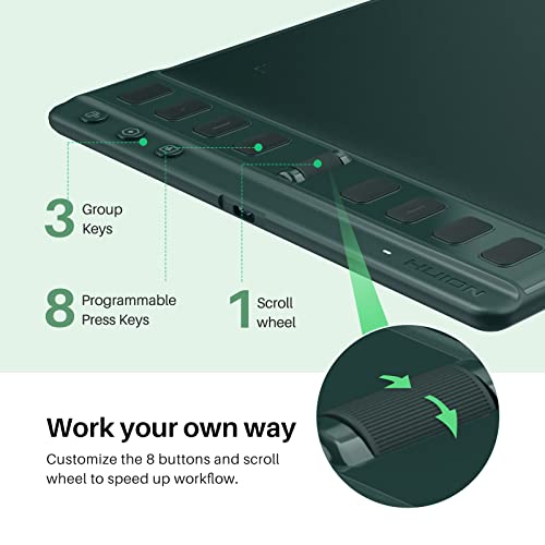 Image of HUION Inspiroy 2 Medium Drawing Tablet with Scroll Wheel, 9 x 5 in, Green | Scroll Wheel, 8 Custom Keys, PenTech 3.0 60 Tilt Support Battery-Free Stylus, Works with Mac, PC and Android