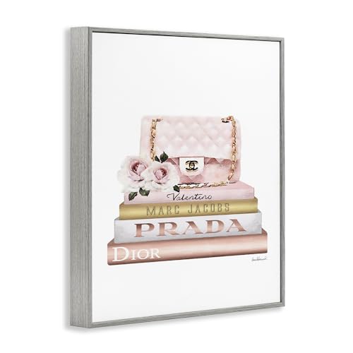 Image of 'Pink Purse Gold Bookstack'| Framed Giclee Art | Stupell Industries | Gray, 24 x 30 Inches, Easy to Hang and Sturdy, Made in USA, by Amanda Greenwood