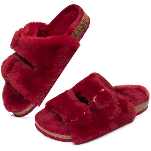 FITORY Womens Open Toe Slippers,Faux Rabbit Fur Cork Slides Sandals