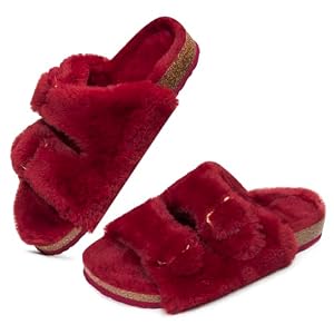 FITORY Womens Open Toe Slipper with Cozy Lining,Faux Rabbit Fur Cork Slide Sandals Size 6-11