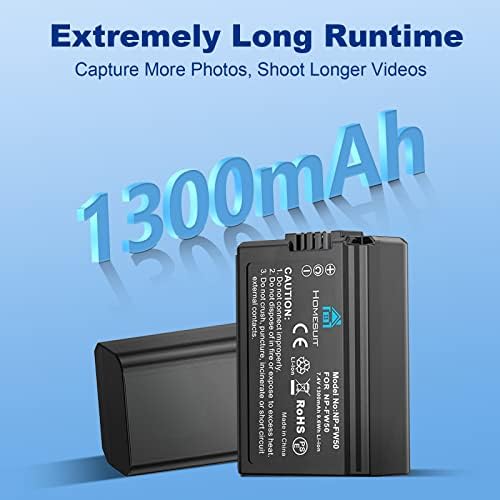 Homesuit NP-FW50 Battery 3-Pack and Triple Micro USB Charger for Sony zv-e10, A6000, A6400, A6500, A6300, A7, A7II, A7RII, A7SII, A7S, A7S2, A7R, A7R2, A55, A5100,RX10 Accessories (1300mAh)