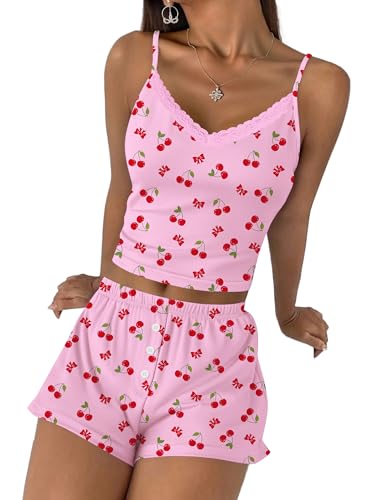 Image of Ekouaer Cami Pajama Sets Y2K 2 Piece Lace Crop Top and Shorts Sexy Pjs Summer Lingerie Sleepwear Nightwear for Women