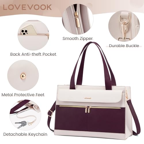 Image of LOVEVOOK Laptop Bag Women 15.6 Inch Laptop Tote Professional Leather Computer Briefcase Waterproof Shoulder Bag Large Capacity Business Teacher Office Crossbody Purse