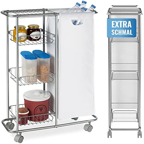 Housekeeps Sammelwagen 20 cm breit, universal Küchenwagen schmal mit abnehmbaren Pfandflaschen Sammelbehälter/Wäschekorb, Smarter Küchen Rollwagen Metall Cover
