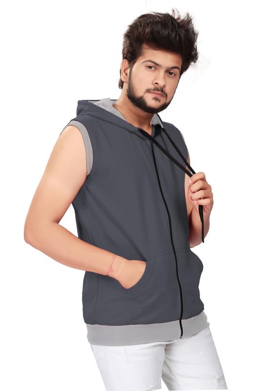 Image of Various Dots Men's Sleeveless Hooded T-Shirt | Cotton Zipper Hoodies | Vest Sandoz with Cap and Kangaroo Pocket | Regular Fit Jacket for Light Warm | Trendy Look | for Men and Boy