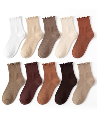 Image of Shihanee 10 Pairs Frilly Socks Women Cute Frilly Turn Cotton Crew Socks Bulk for Women Girls