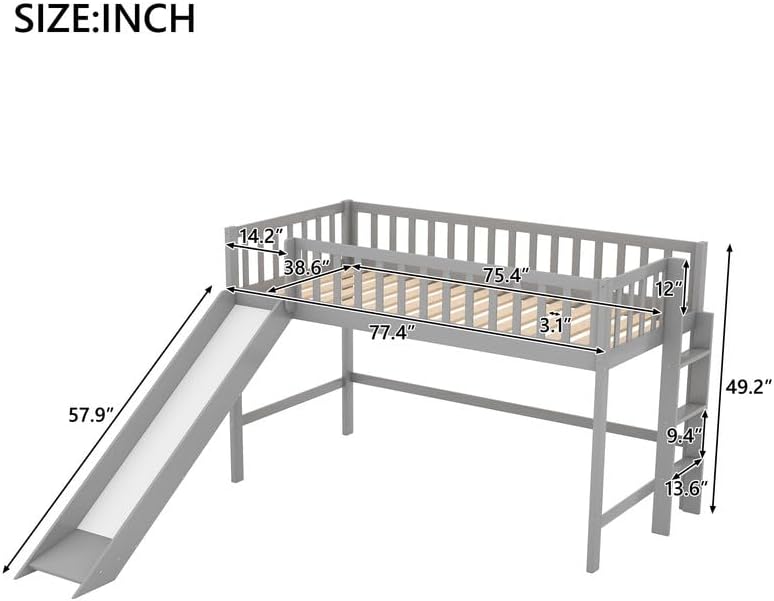 Twin Loft Bed with Slide and Ladder, Modern Low Loft Bed with Safety Guardrail, Pine Wood Twin Bed Frame with Slat Support, Space-Saving Loftbed No Box Spring Needed, Noise Free, Grey