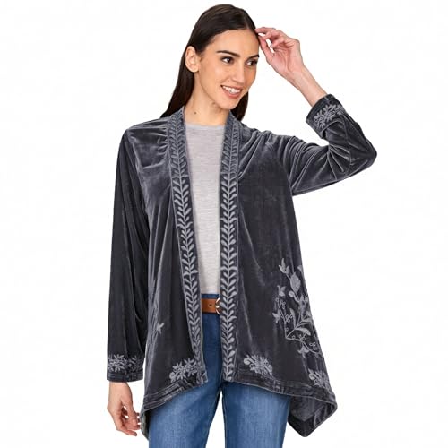 Image of Women's Embroidered Velvet Open Front Cardigan Jacket - Gray 2X