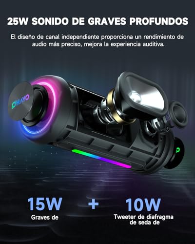 Miniatura 3 de Ohayo Altavoz Bluetooth Portátil 25w Potente Con Doble Controlador, Luces Led, 24h Duración, Bass Boost E Impermeable Ipx7