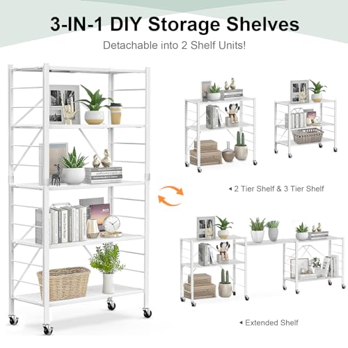 Image of Himix 5-Tier Foldable Storage Shelves with Wheels Expandable Kitchen White | Folding shelving units, Metal collapsible organization, Changeable into 2 shelf units, Garage, Adjustable, Holds 2400 Ibs