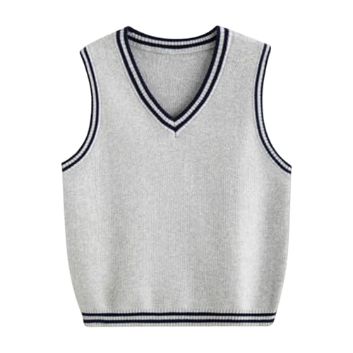 Girls Boys Knit Vest Sweater Classic School Uniform Aesthetic Pullover Tops Teen Ribbed V Neck Sleeveless Knitwear Cropped