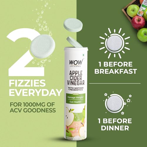 Image of WOW Life Science Apple Cider Vinegar Effervescent Tablet + Probiotics For Weight Management, Gut Health & Digestion - 15 Effervescent Tablets