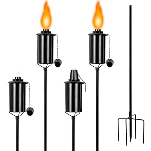 Nonley 4 Pack Metal Torch for Outside [Upgraded], 16oz Metal Garden Torches Outdoor Citronella Torches with 4-Prong Grounded Stake, Flame Torch Light for Backyard Patio Pathway Party 50″ Tall