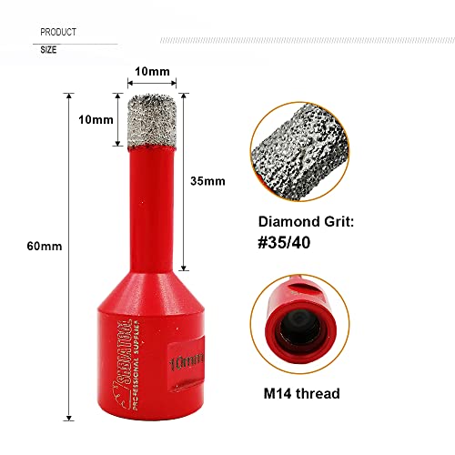 SHDIATOOL Diamond Core Drill Bit,Hole Saw Diameter 10mm 3/8" M14 Thread Vacuum Brazed for Concrete Granite Marble Porcelain Tile Masonry Brick,3PCS - Image 2
