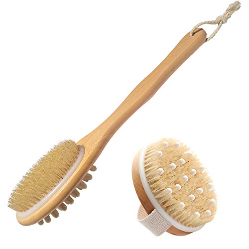 Shower Brush,Wet or Dry Brushing Body Brush with 1 Bath Brush Long Handle for Shower and 1 Round Back Brush,Gentle Exfoliating for Softer,Glowing Skin Improve Circulation Get Rid of Cellulite-FLYZIBET