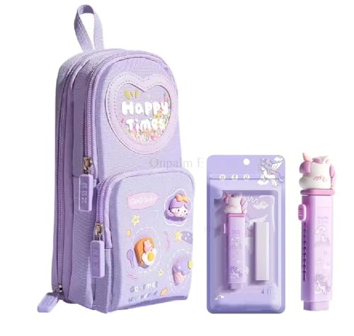 Image of WORSHIPER Kawaii Cute Pencil Pouch with Push Pull Eraser Set for Kids | Premium Canvas Zipper Stationery Organizer Box with Cartoon Design | Gift Combo for Boys & Girls (Purple + Eraser)