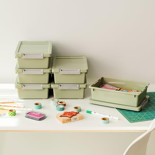 Image of IRIS USA 2 Qt. Craft Storage Bins with Lids, 6-Pack, |Made in USA|, Clip Box, Small Plastic Sensory Bin Tote Organizer Containers for Art Supplies, Paper, & Office, Stackable - Sage Green
