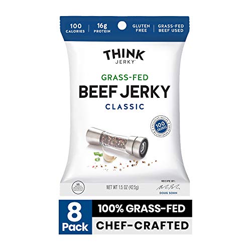 Classic Beef Jerky by Think Jerky â€” Delicious Chef Crafted Jerky â€” Grass-Fed Beef Free of Gluten, Antibiotics and Nitrates â€” Healthy Protein Snack Low in Calories, Fat and Salt â€” 1.5 Ounce (8 Pack)