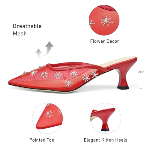 Women Kitten Heel Mules Crystal Flower Decor Mesh Pointed Toe Low Heel Casual Pumps2